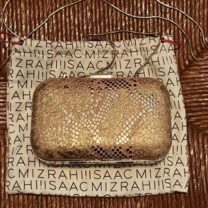 Isaac Mizrahi gold snakeskin fabric clutch.